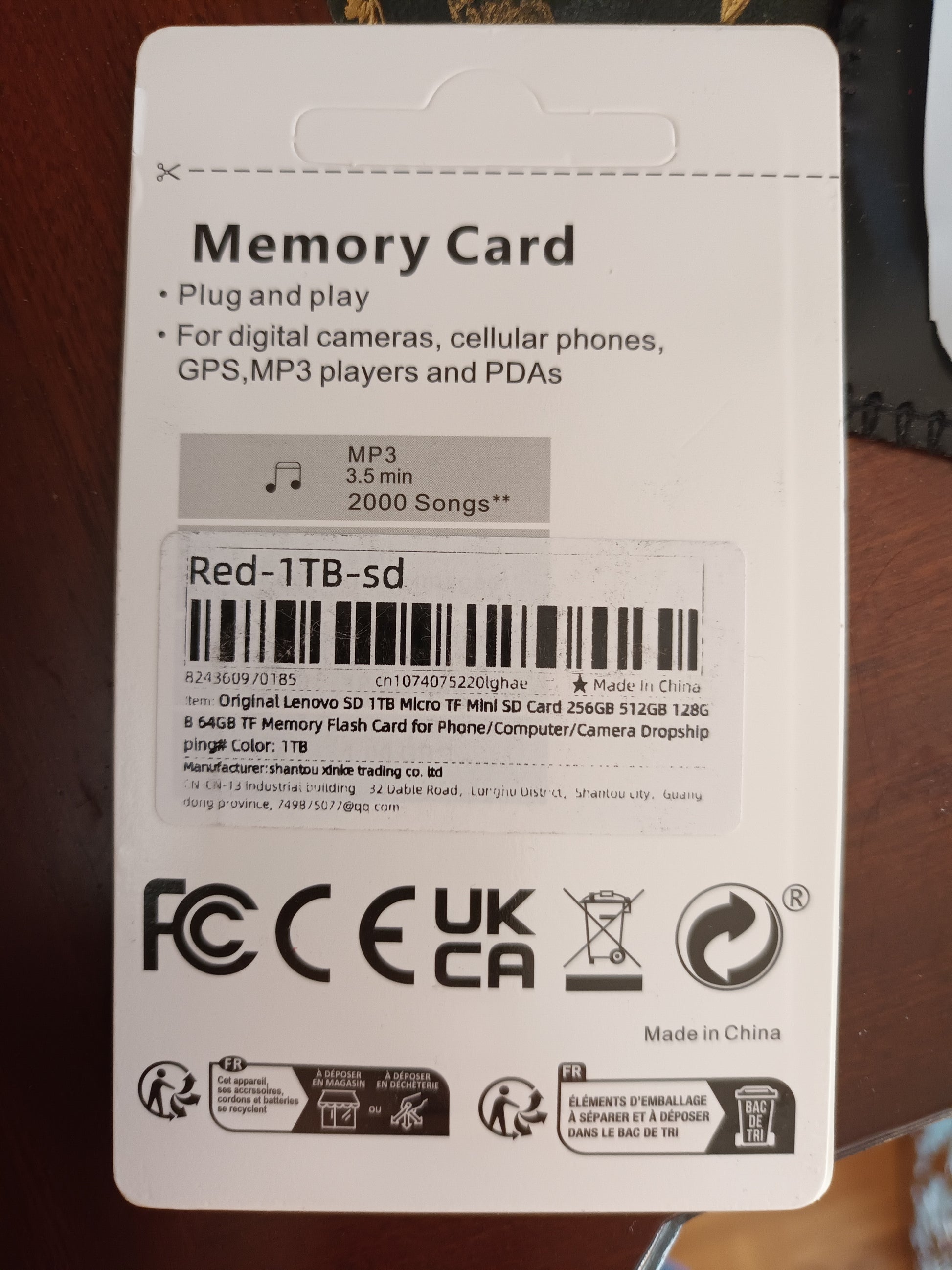 Carte Micro SD 1 Téraoctets avec adaptateur SD. Lenovo. 4 K  High Performance